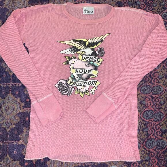 VINTAGE 90's ANKH PINK THERMAL TOP-XS-Peace Love Freedom Tattoo Biker - Picture 1 of 7